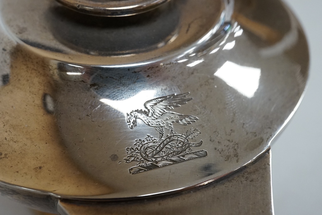 A George V Asprey & Co silver table lighter, modelled as an 'Aladdin' oil lamp, Birmingham, 1911, length 16cm, weighted.